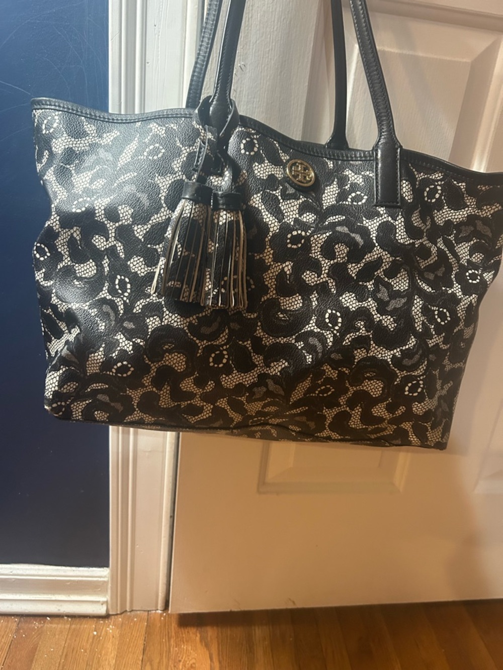 Tory Burch Black and Cream Lace-Overlay Tote - Picture 3 of 4